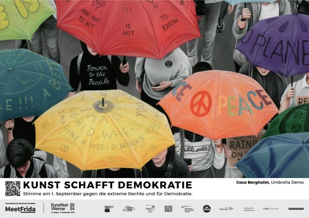 Gemälde mit orangem Schirm "PEACE", bunten Schirmen, protestierenden Menschen und Schriften.