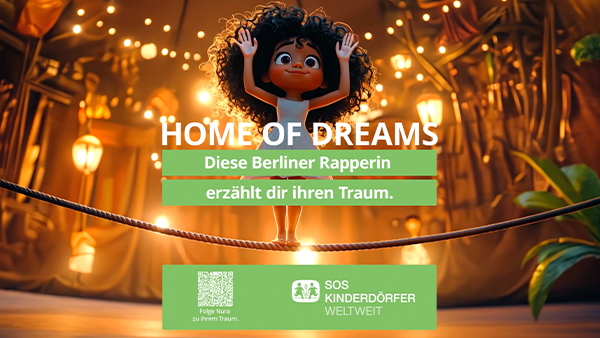 Eine lachende animierte Frau mit lockigem dunklem Haar balanciert auf einem Seil