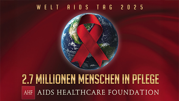 Rotes Aidsschleifenband auf dunklem Hintergrund mit Text zu Welt-Aids-Tag 2025 in Gold