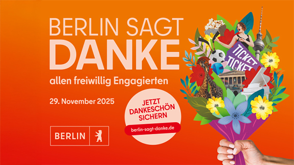 Ein bunter Strauss mit Berliner Sehenswürdigkeiten auf orangefarbenem Hintergrund