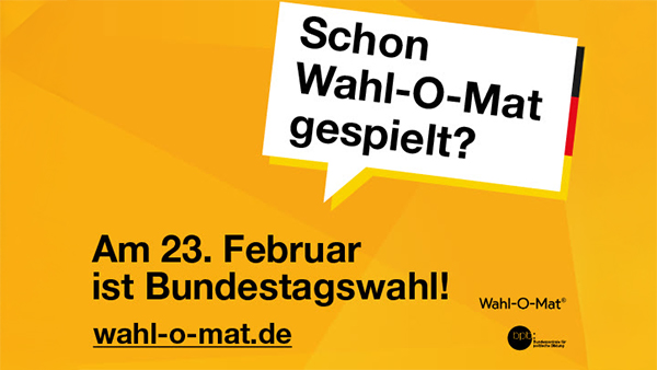 Gelber Hintergrund mit schwarzem Text zu Wahl O Mat und Hinweis auf die Bundestagswahl
